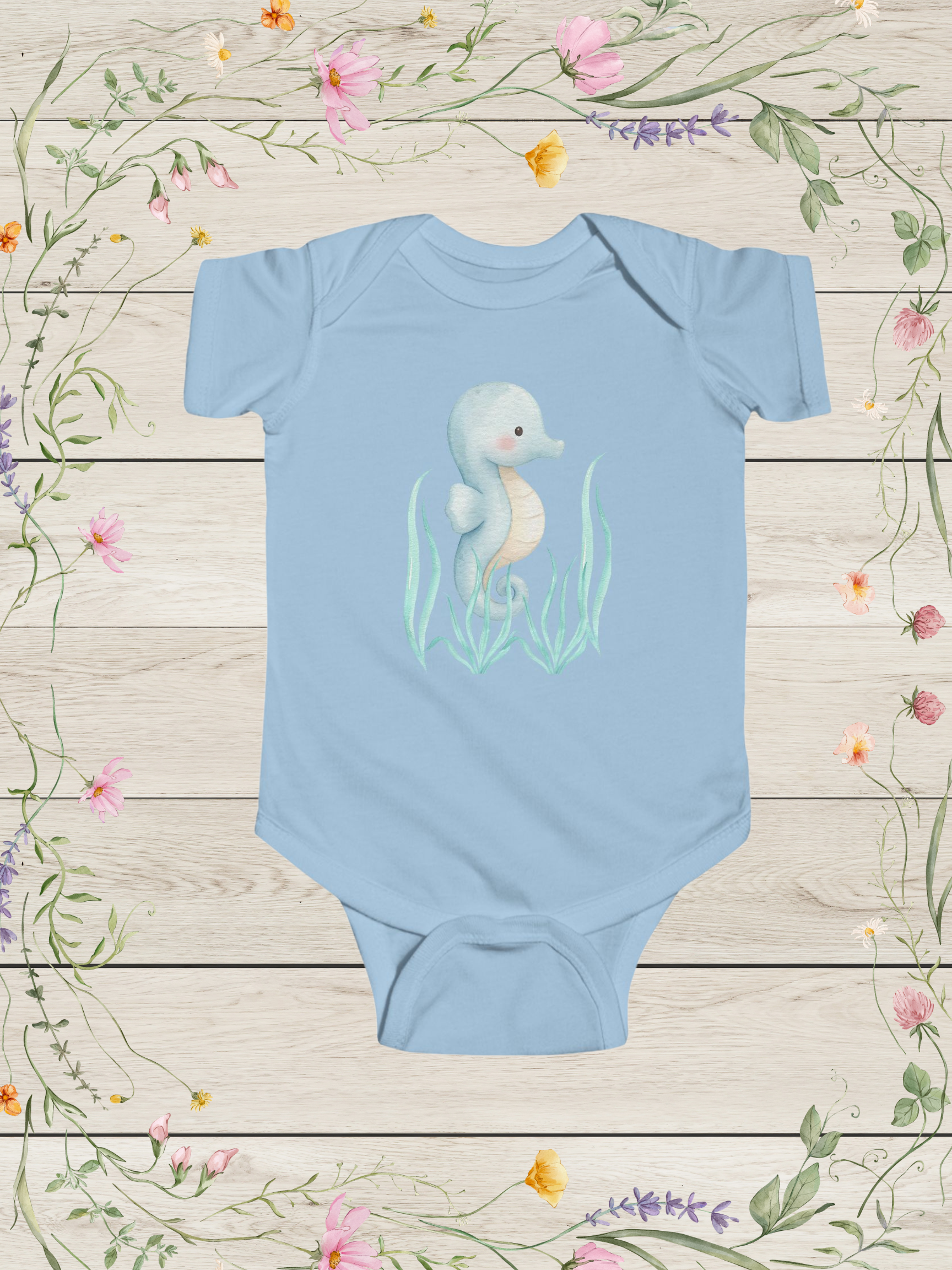 Seahorse Blue Infant Fine Jersey Bodysuit | Baby Boy Onesies