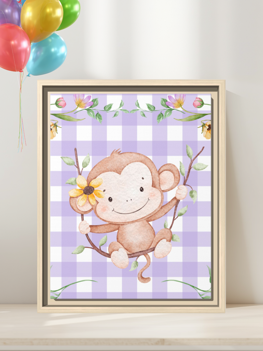 Cute Monkey Nursery Wall Art | Purple Gingham Baby Decor