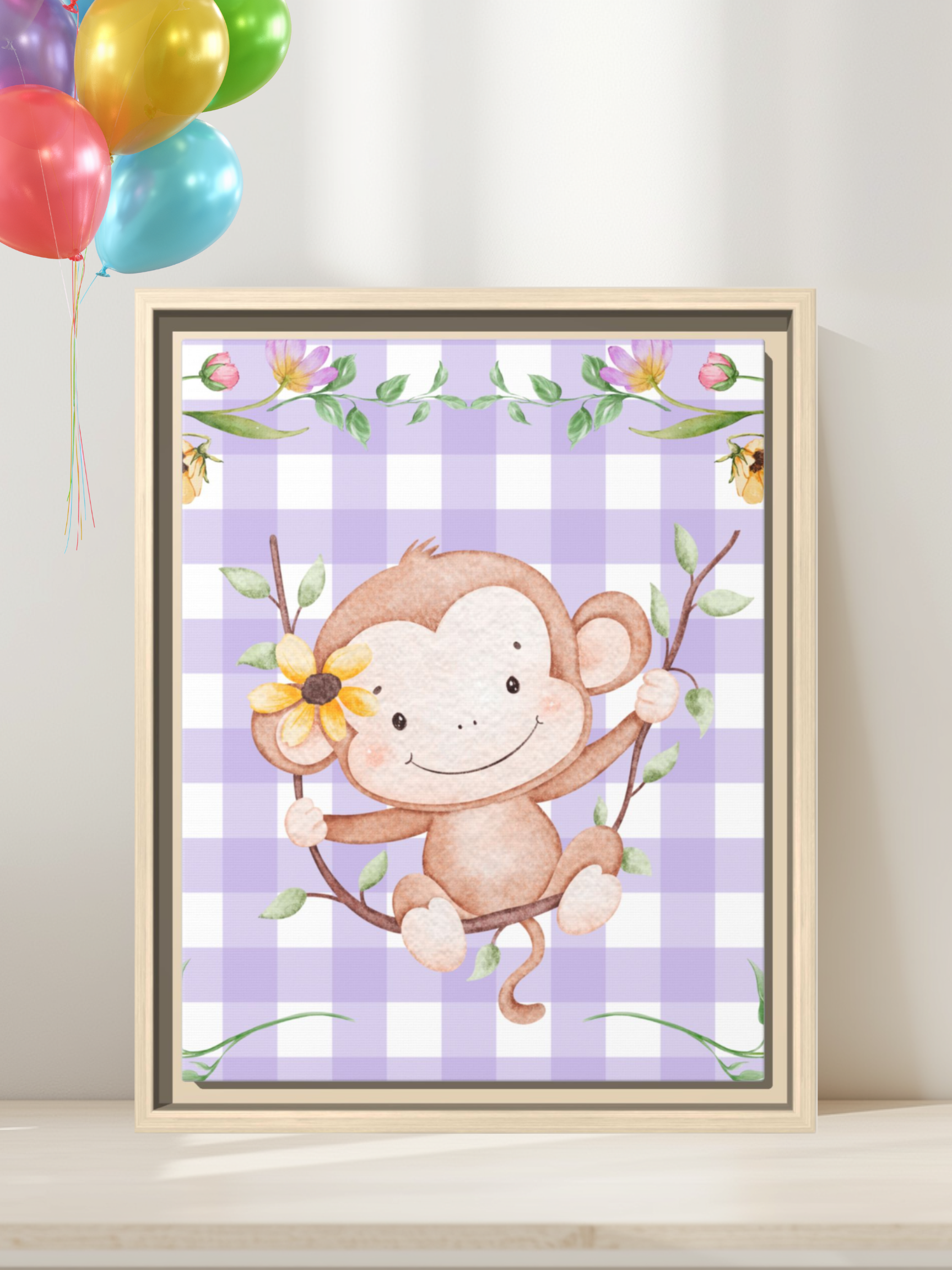Cute Monkey Nursery Wall Art | Purple Gingham Baby Decor