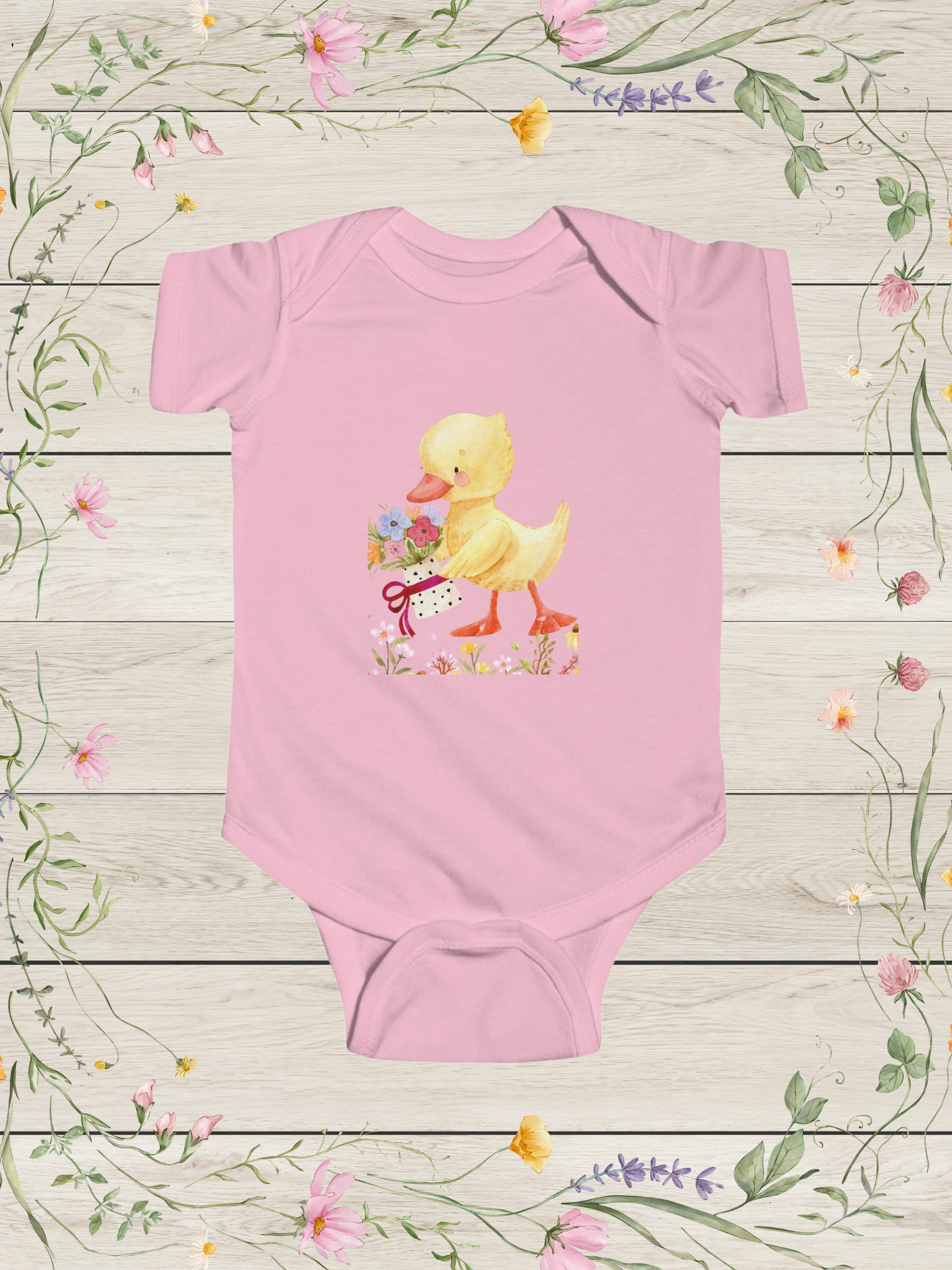 Yellow Duckling with Flowers Bodysuit | Baby Girl Onesies