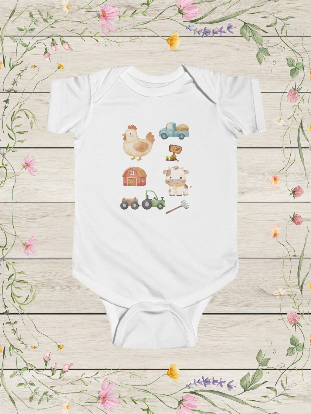 Farm Animals Graphic Infant Bodysuit | Chick, Cow, Barn, Tractor