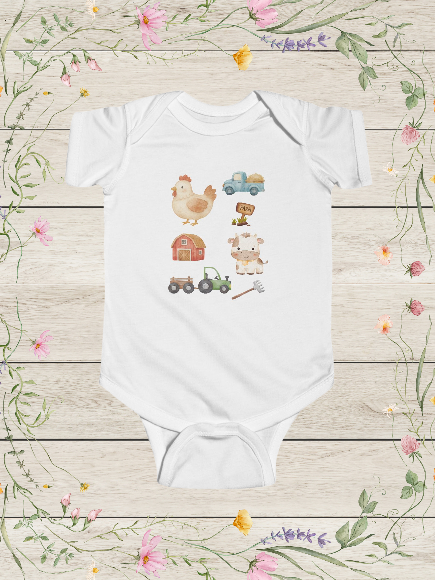Farm Animals Graphic Infant Bodysuit | Chick, Cow, Barn, Tractor