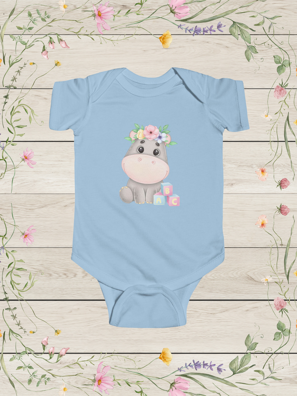 Floral Crown Baby Hippo Bodysuit | Cute Baby Onesies