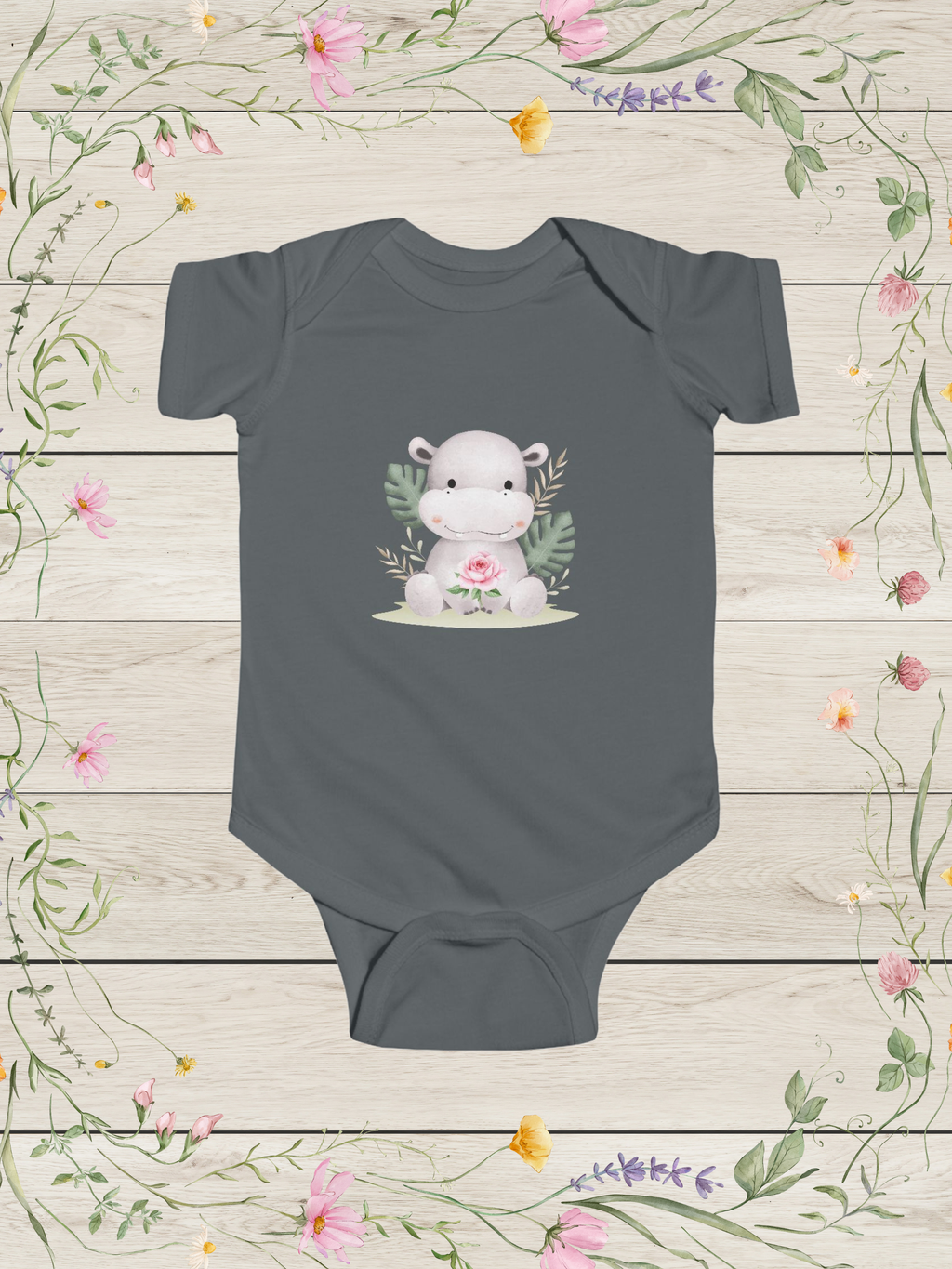 Cute Baby Hippo Bodysuit | Floral Nursery Animal Infant Onesie