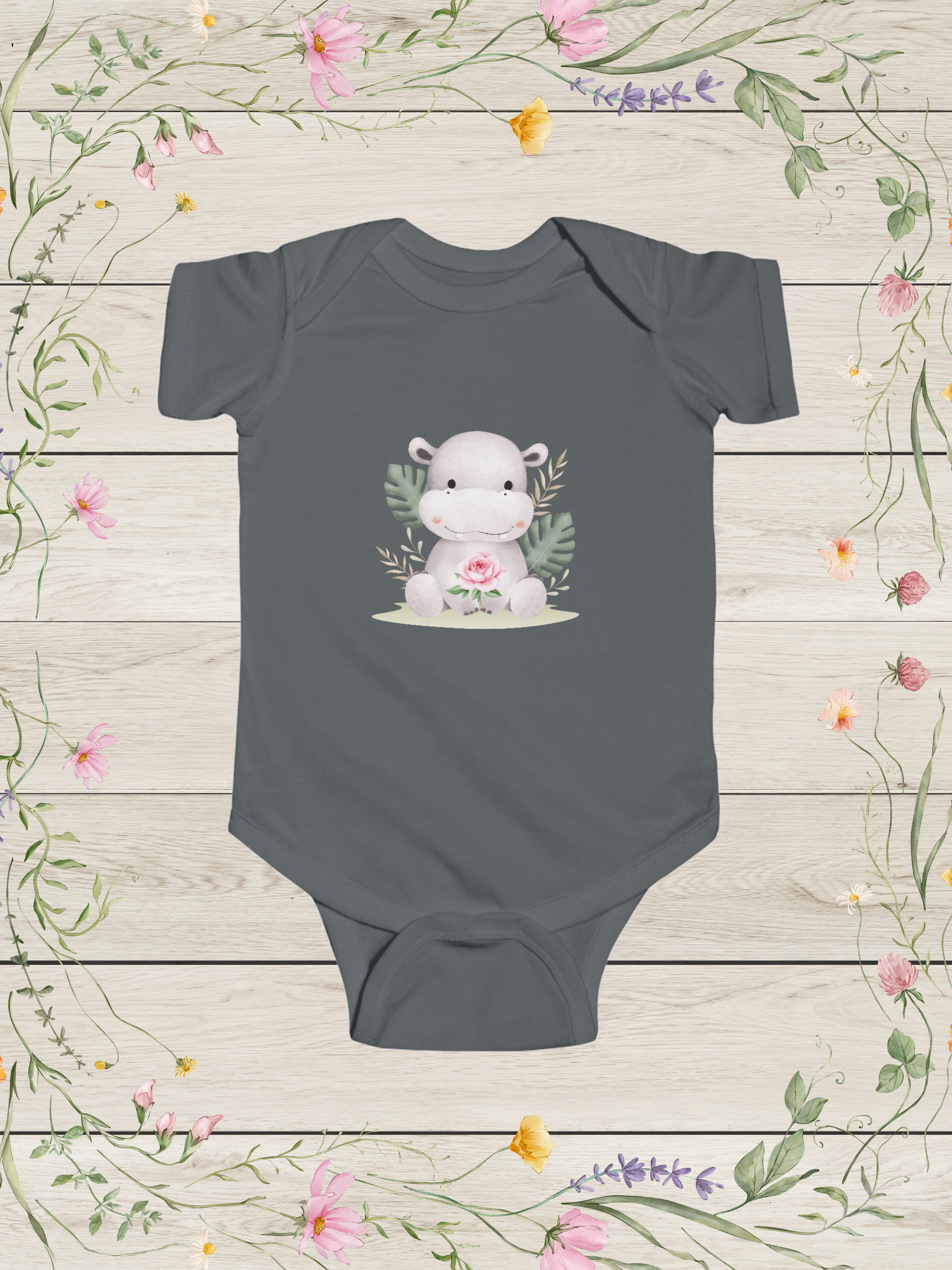 Cute Baby Hippo Bodysuit | Floral Nursery Animal Infant Onesie