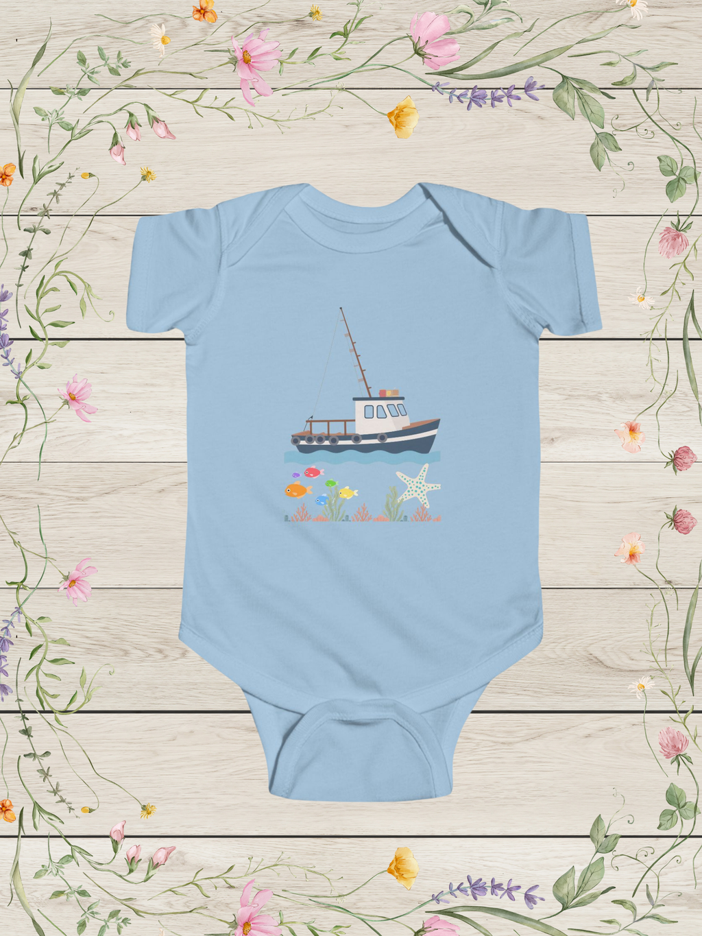 Tug Boat Blue Infant Fine Jersey Bodysuit |  Baby Boy Onesies