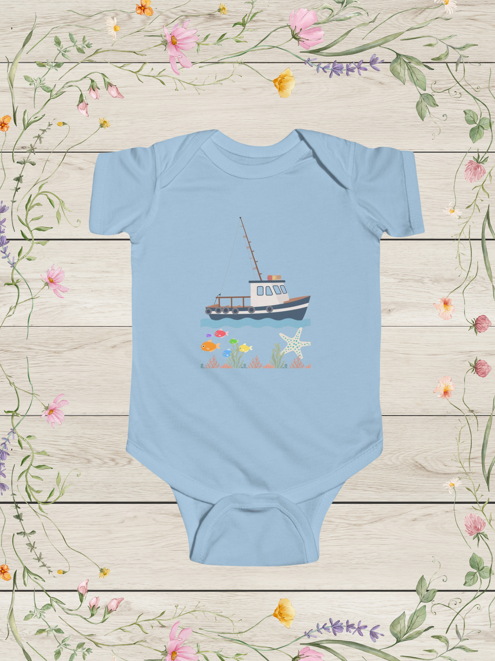 Tug Boat Blue Infant Fine Jersey Bodysuit |  Baby Boy Onesies