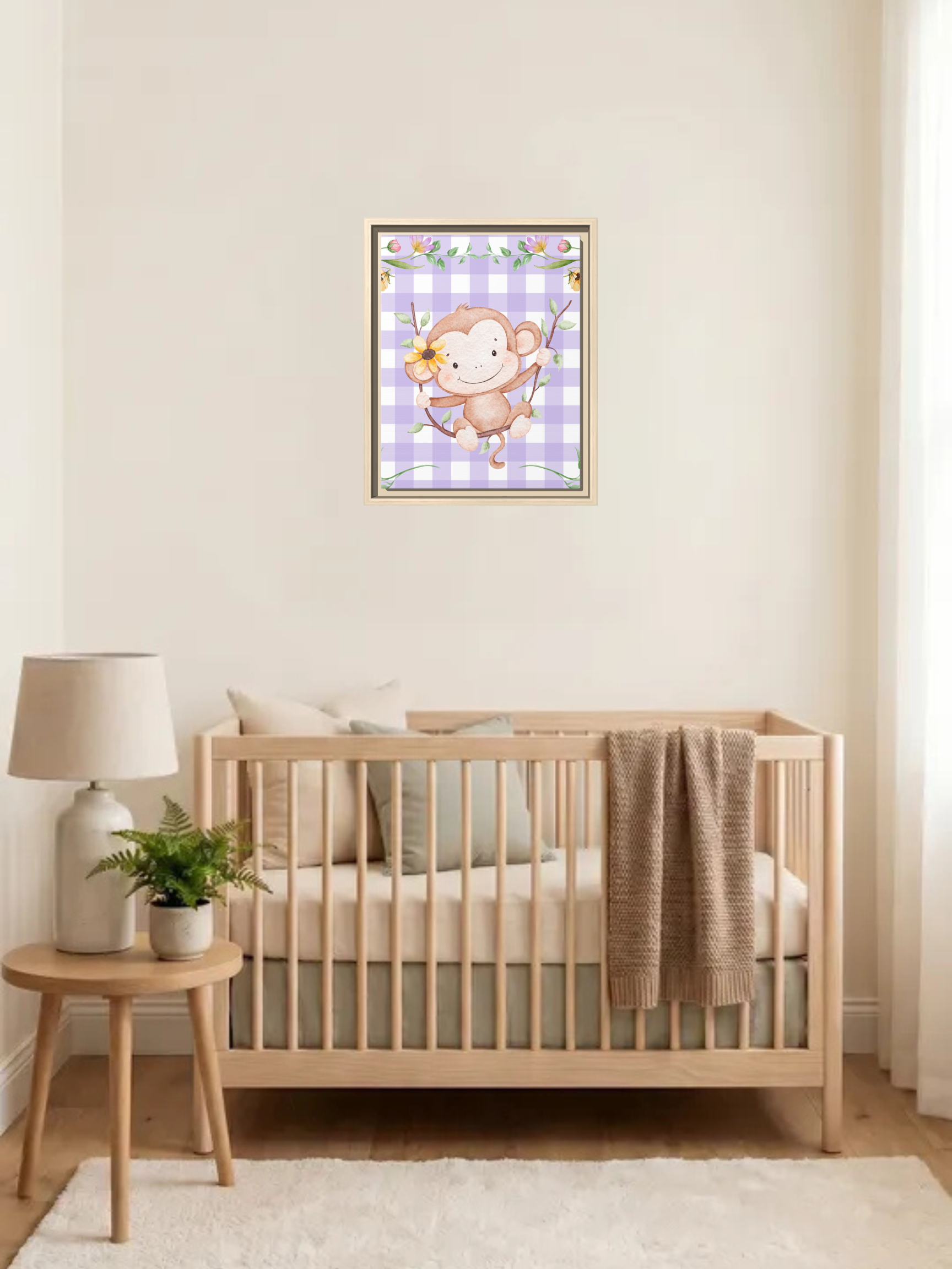 Cute Monkey Nursery Wall Art | Purple Gingham Baby Decor