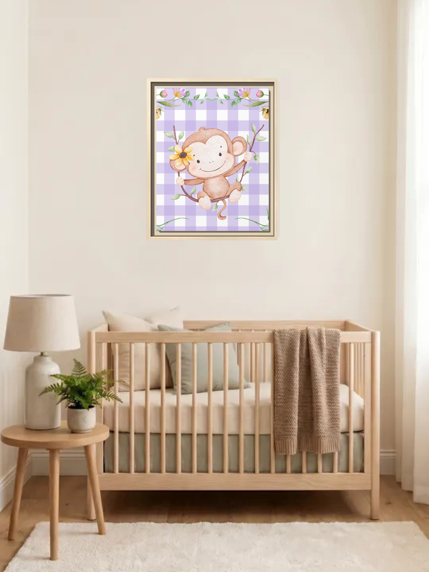 Cute Monkey Nursery Wall Art | Purple Gingham Baby Decor
