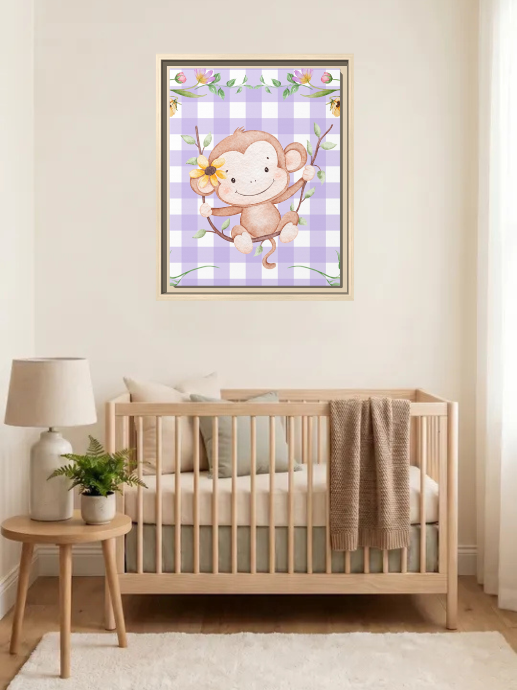 Cute Monkey Nursery Wall Art | Purple Gingham Baby Decor