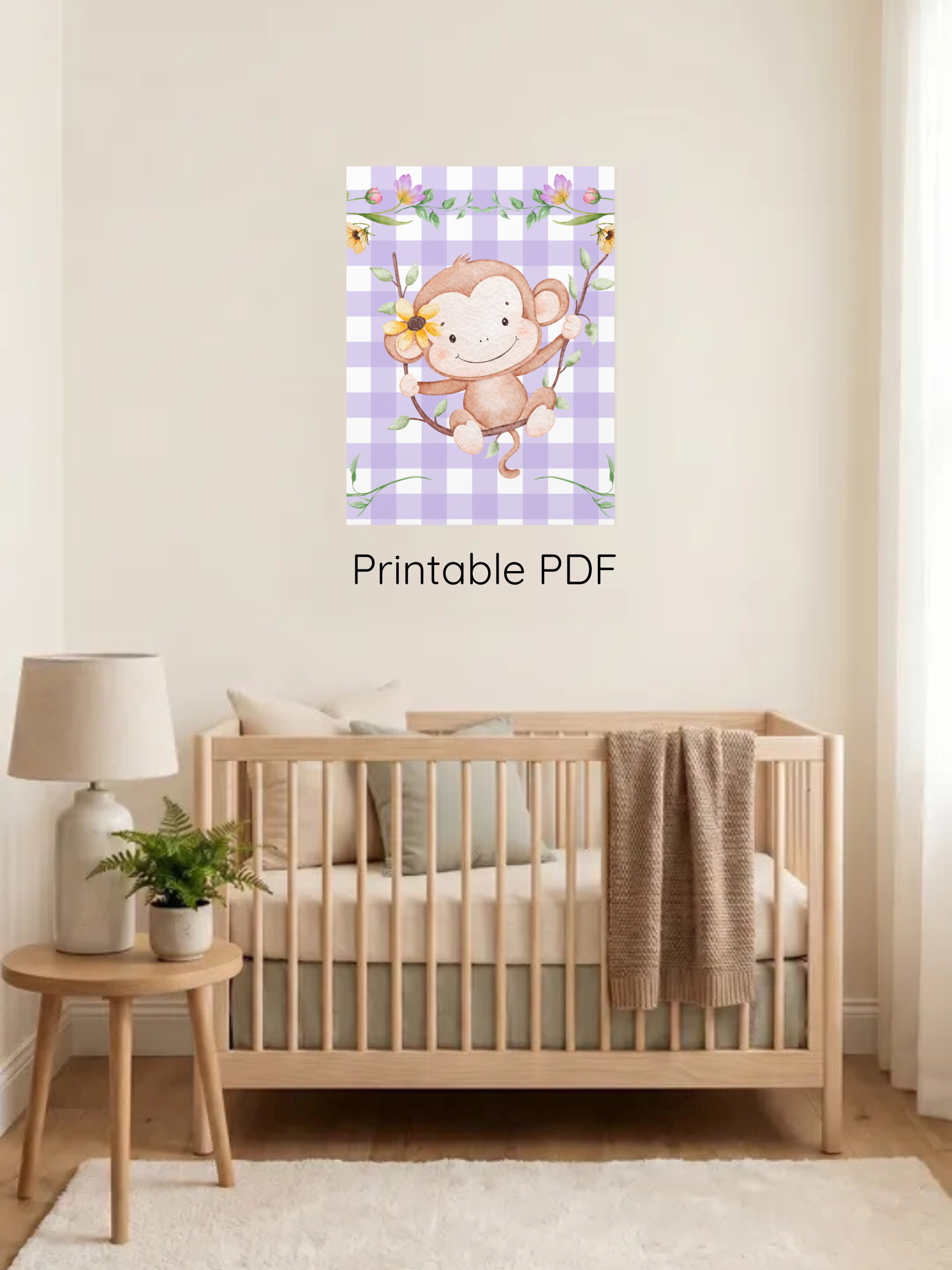 Cute Monkey Nursery Wall Art | Purple Gingham Baby Decor