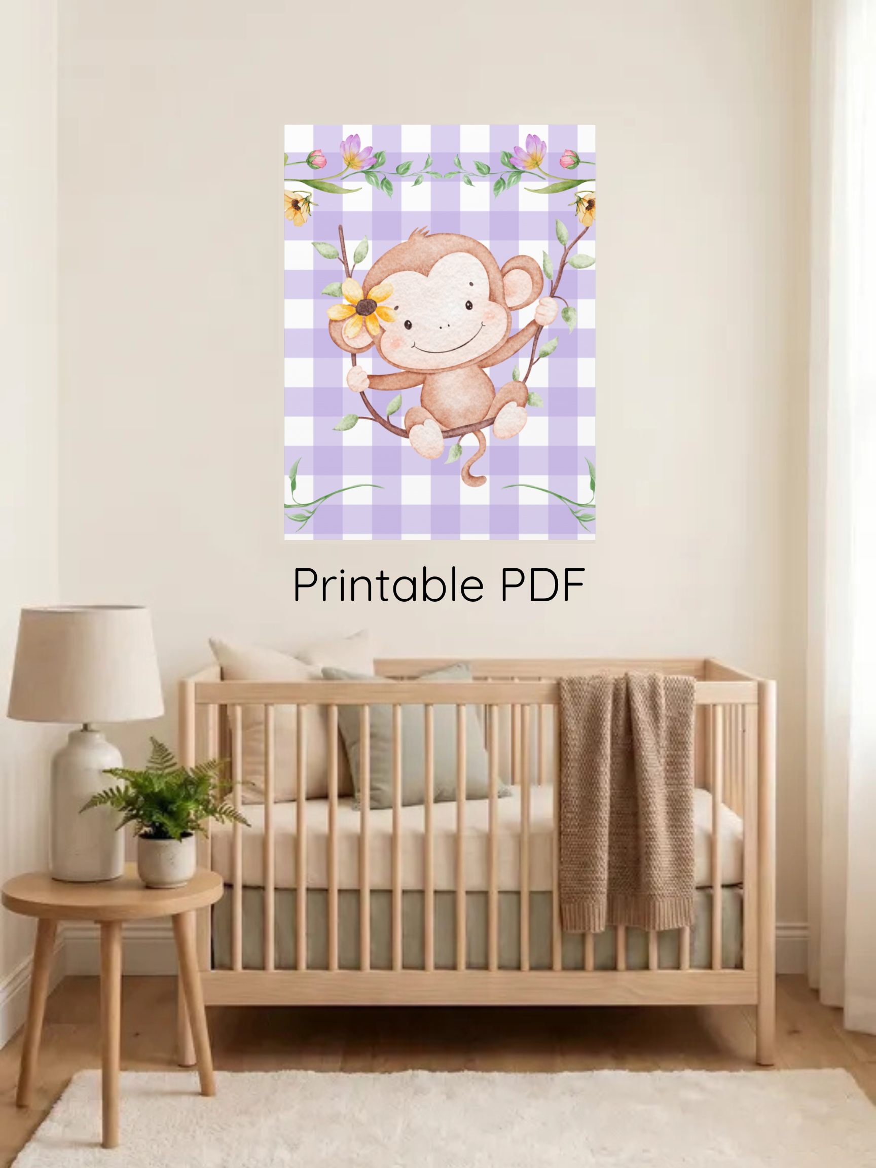 Cute Monkey Nursery Wall Art | Purple Gingham Baby Decor