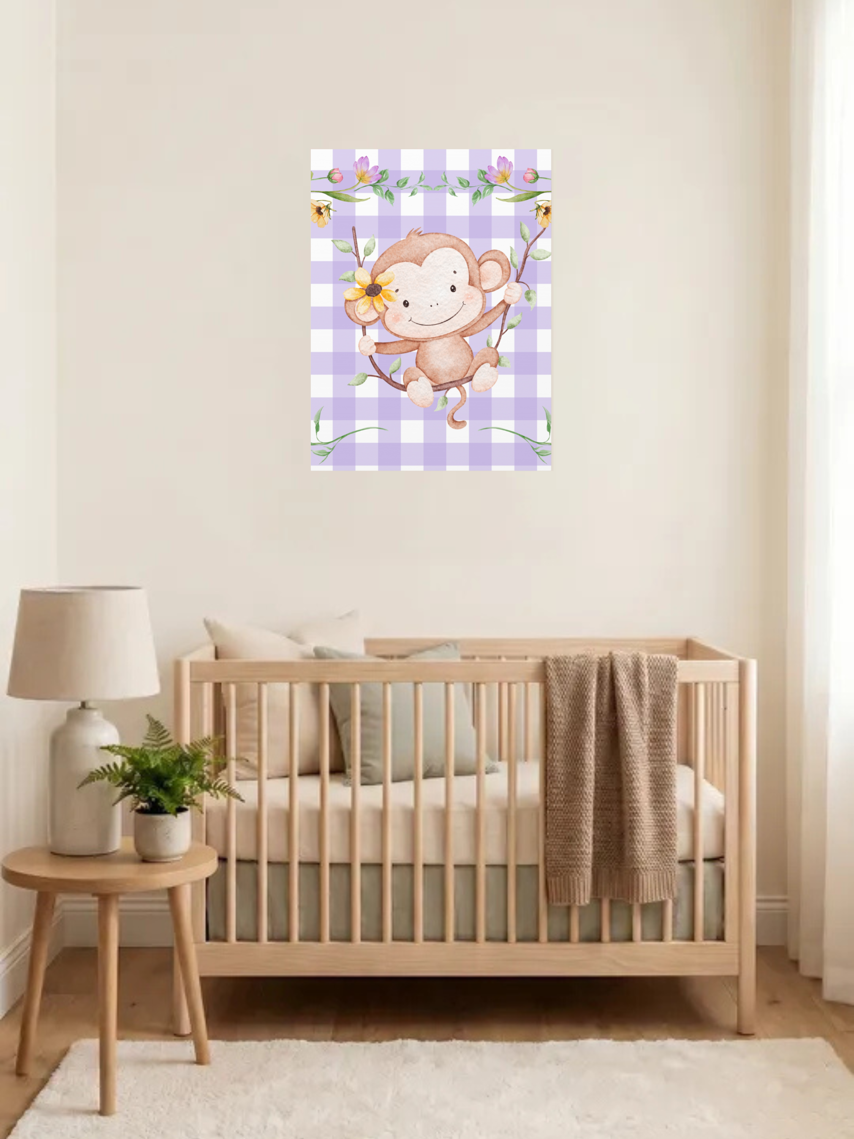 Cute Monkey Nursery Wall Art | Purple Gingham Baby Decor