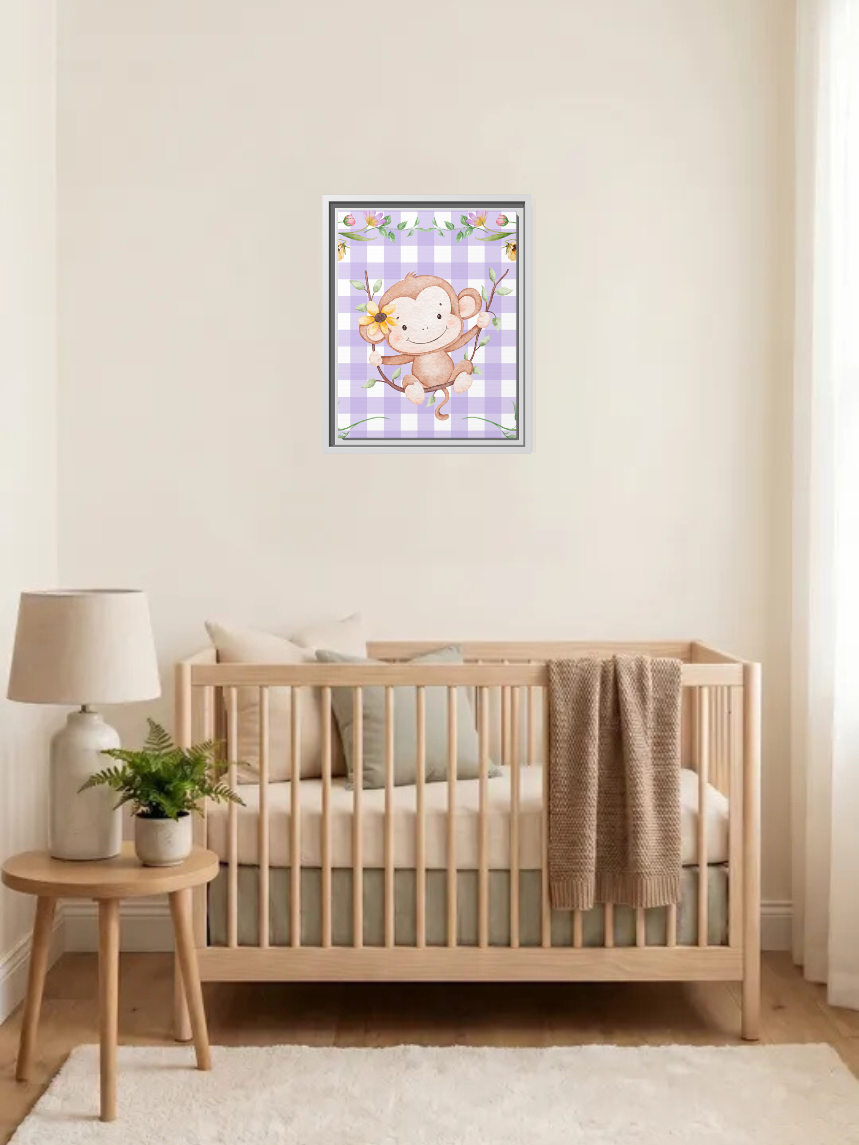Cute Monkey Nursery Wall Art | Purple Gingham Baby Decor