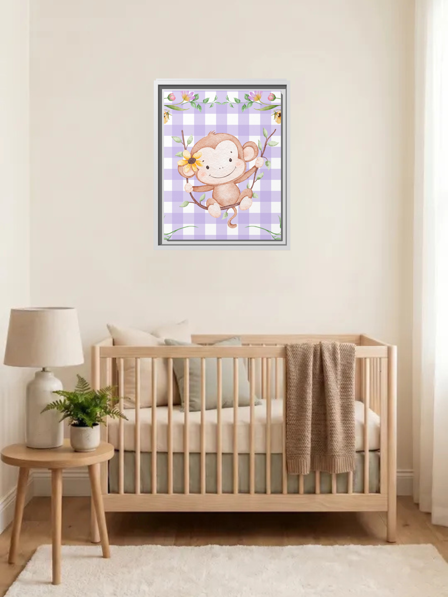 Cute Monkey Nursery Wall Art | Purple Gingham Baby Decor