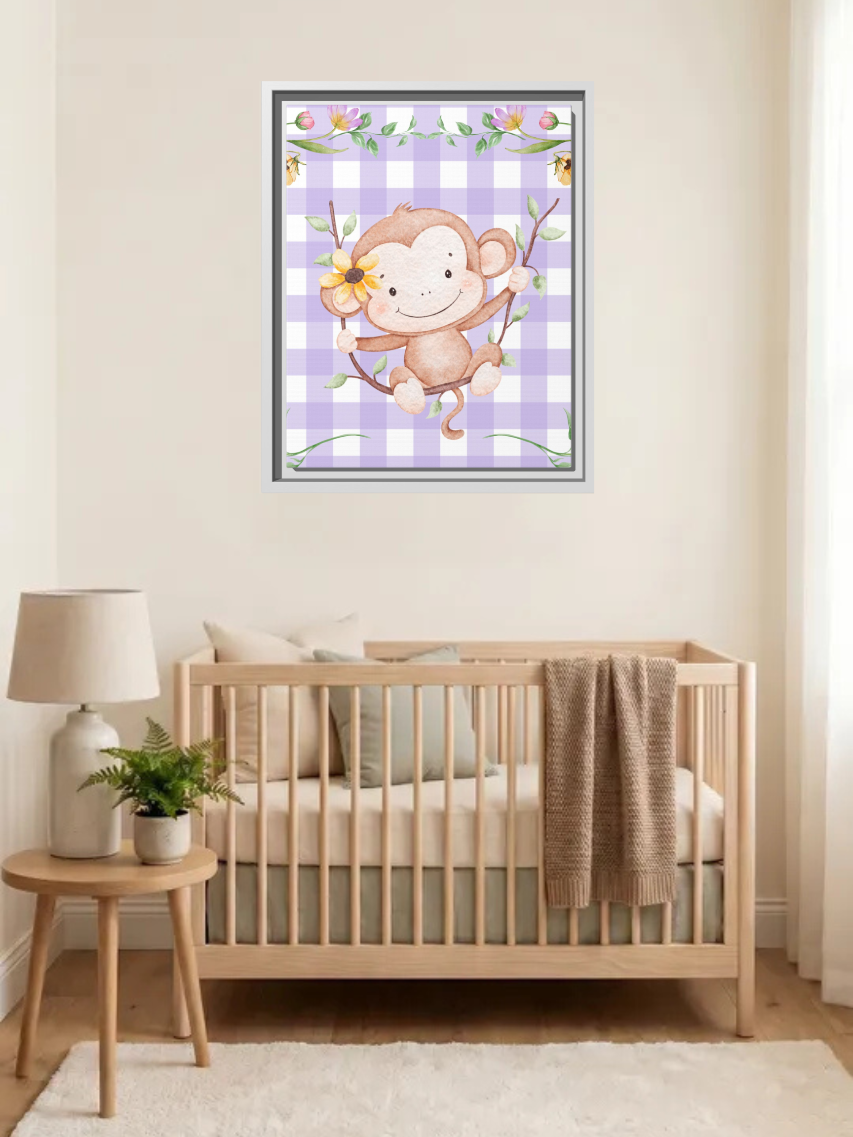 Cute Monkey Nursery Wall Art | Purple Gingham Baby Decor