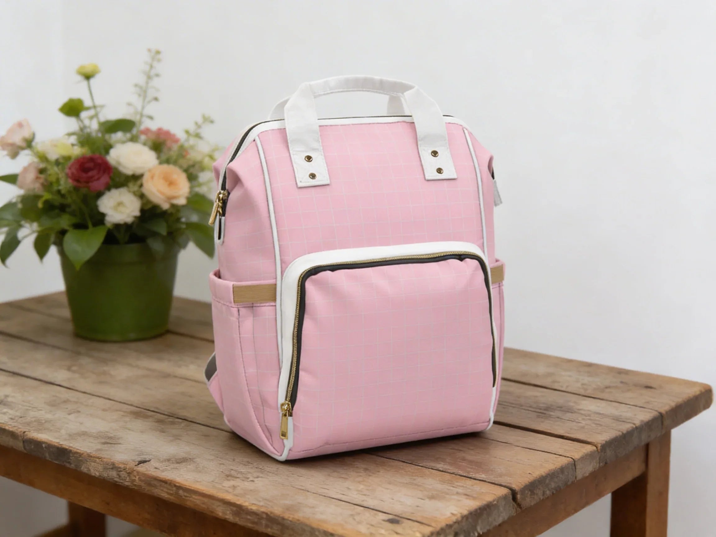 Pink Grid Multifunctional Backpack Diaper Bag