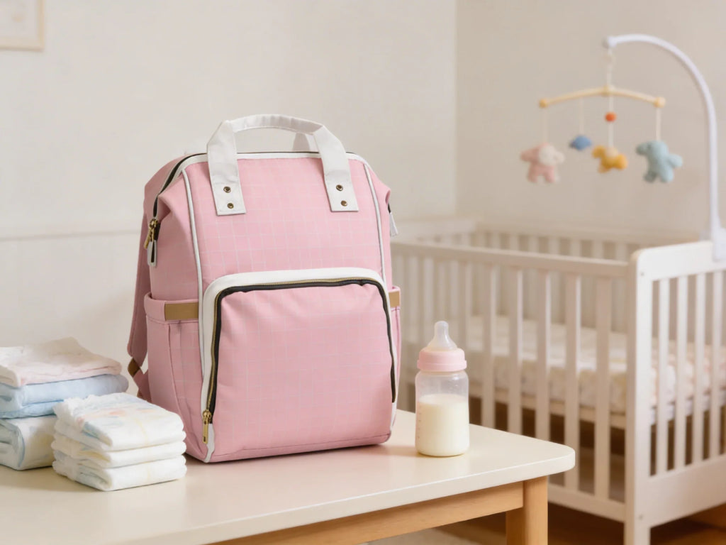 Pink Grid Multifunctional Backpack Diaper Bag
