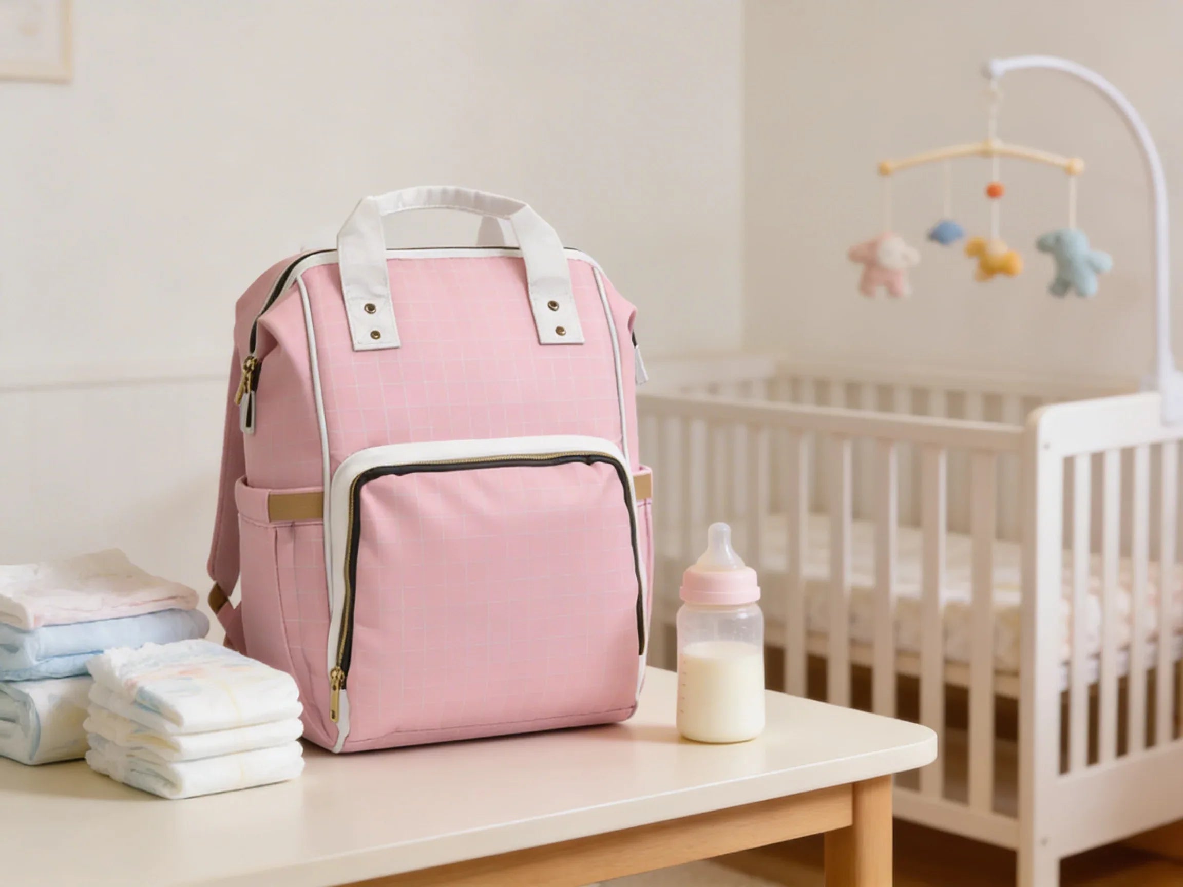 Pink Grid Multifunctional Backpack Diaper Bag
