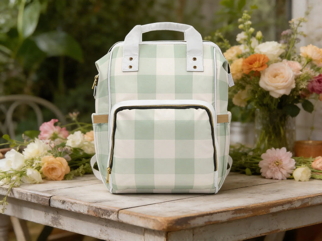 Green Buffalo Check Diaper Bag Backpack | Unique Baby Shower Gifts