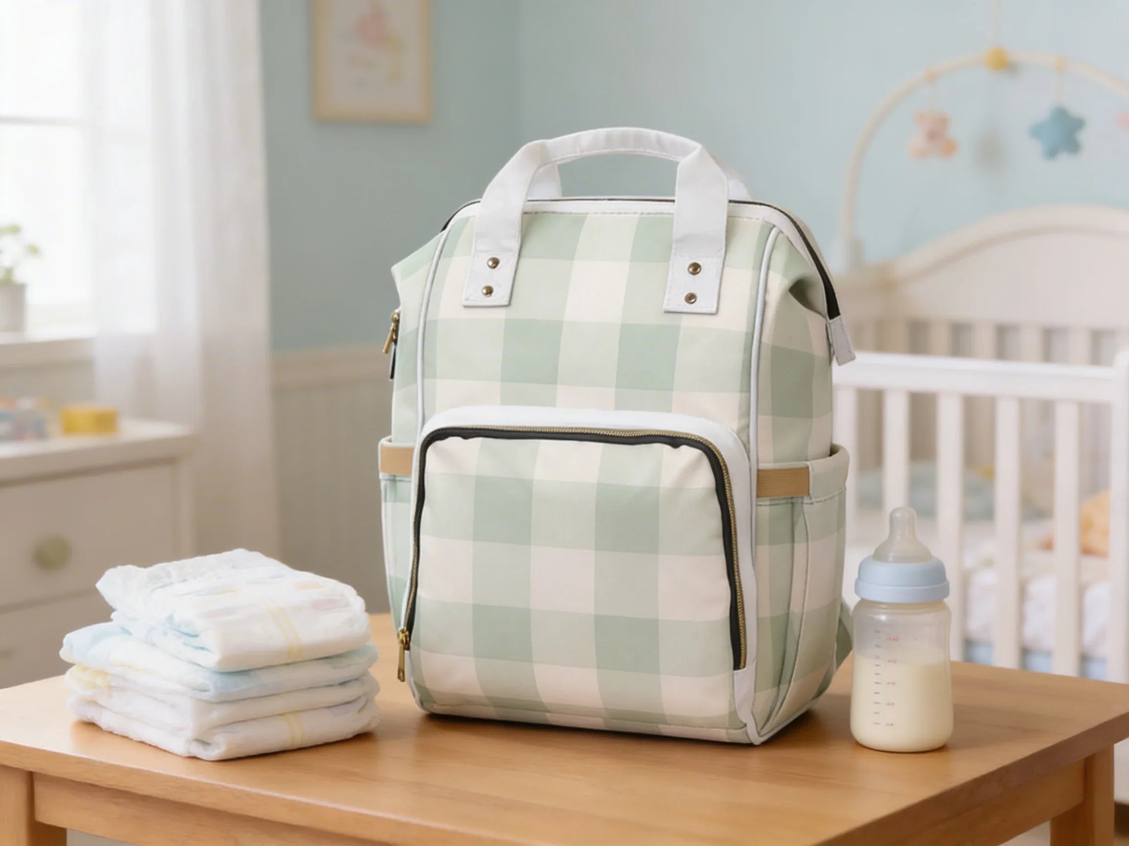 Green Buffalo Check Diaper Bag Backpack | Unique Baby Shower Gifts