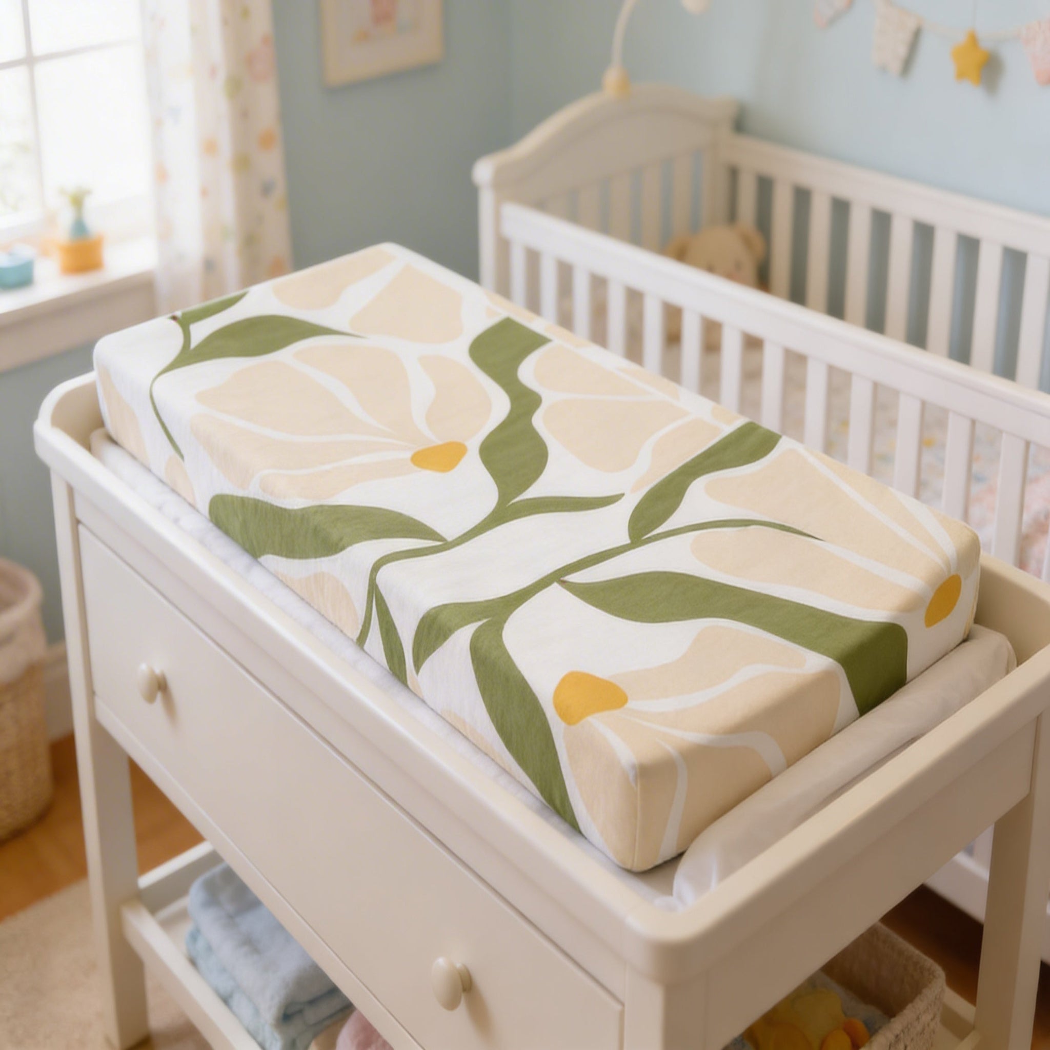 Neutral Floral Baby Changing Pad Cover | Cream Green Abstract Flower