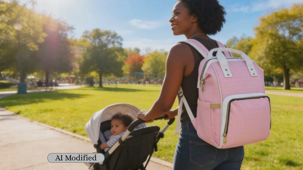 Pink Grid Multifunctional Backpack Diaper Bag